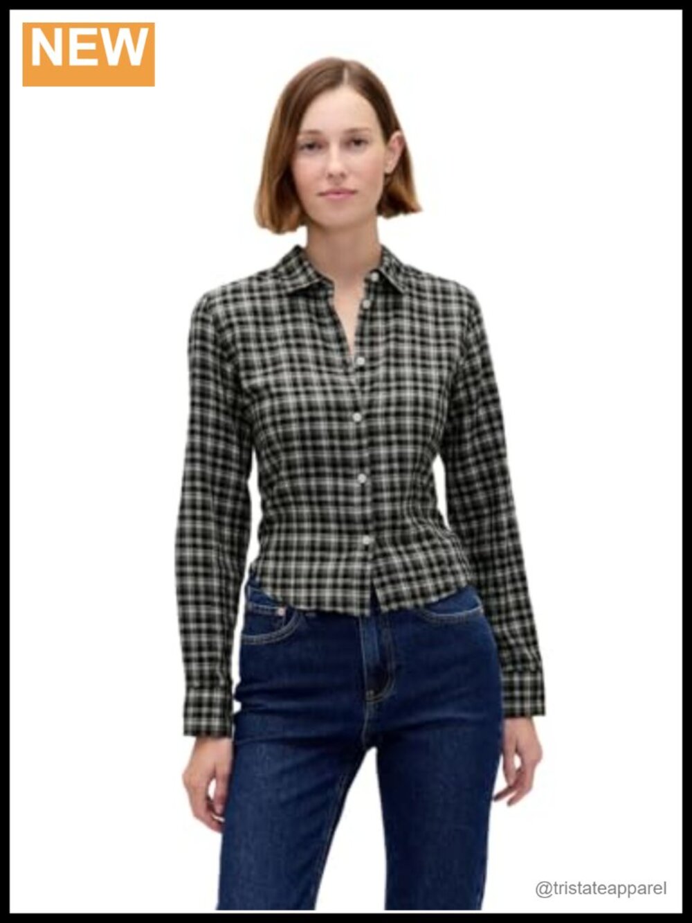 Cropped Fitted Woven Button-Down Shirt Long Sleeve Cotton Spandex